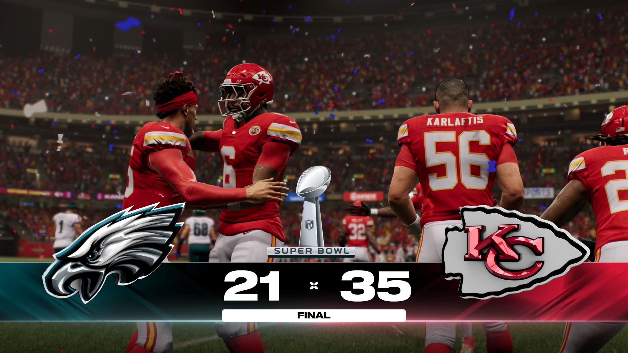 Kansas City Chiefs ve Philadelphia Eagles'ın yer aldığı Super Bowl Lix'in Madden 25 Sim'ünden görüntü