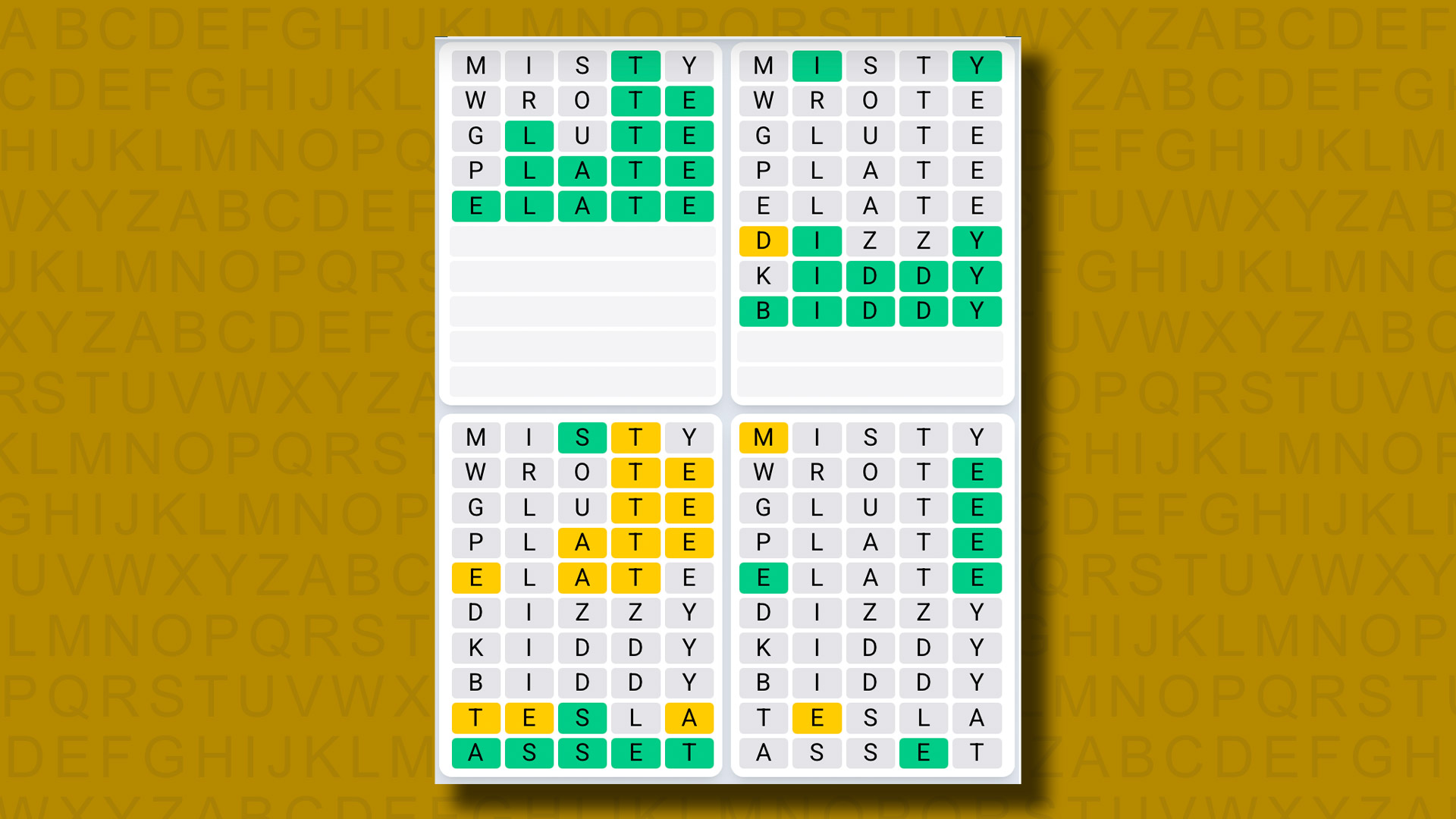 Quordle Daily Sequence, Sarı Arka Planda Oyun 1112 için Cevaplar