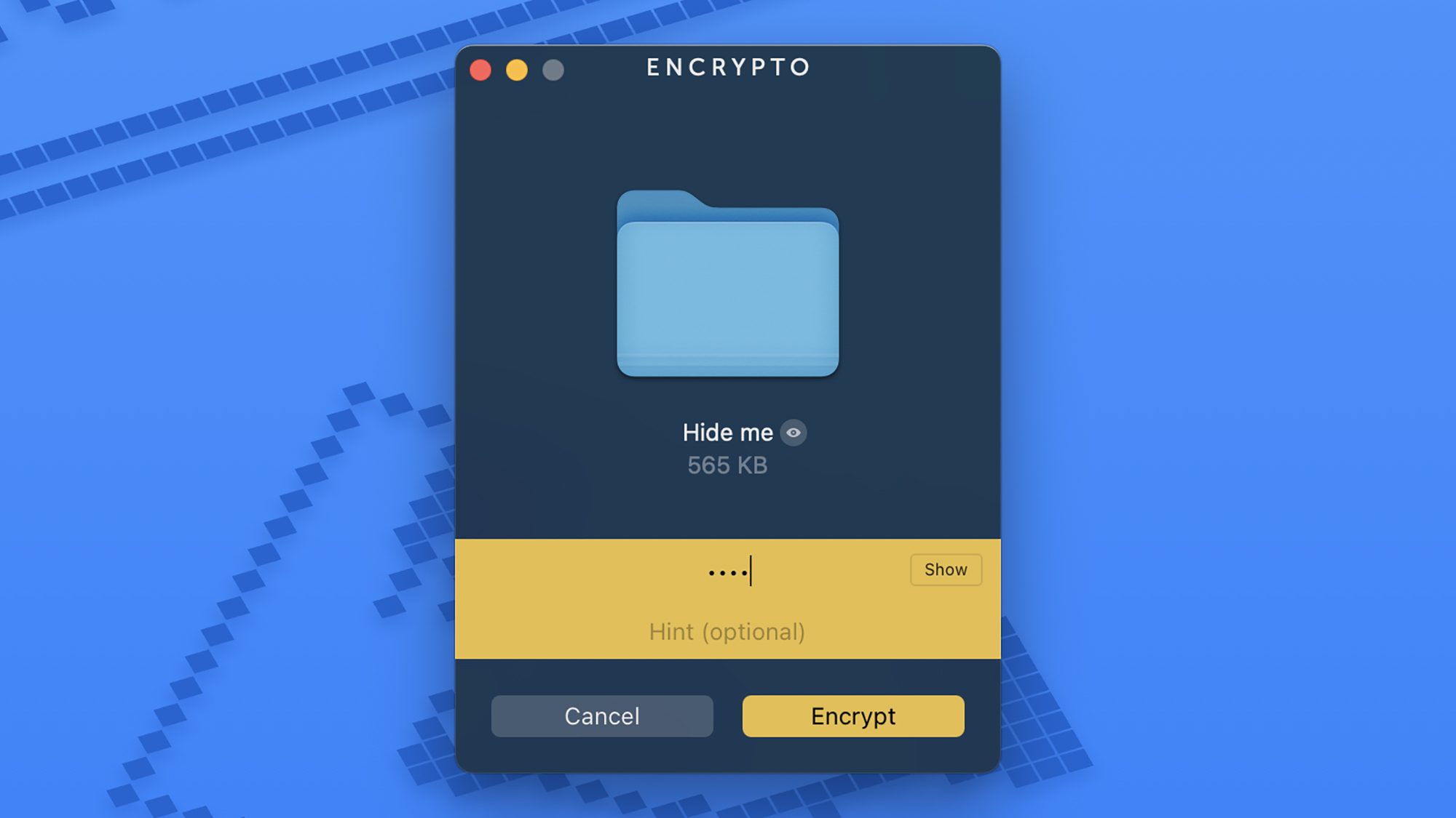 Mac ekranı, bir klasör resmini ve “beni gizle” kelimeleriyle encrypto penceresini gösteren ekranı.