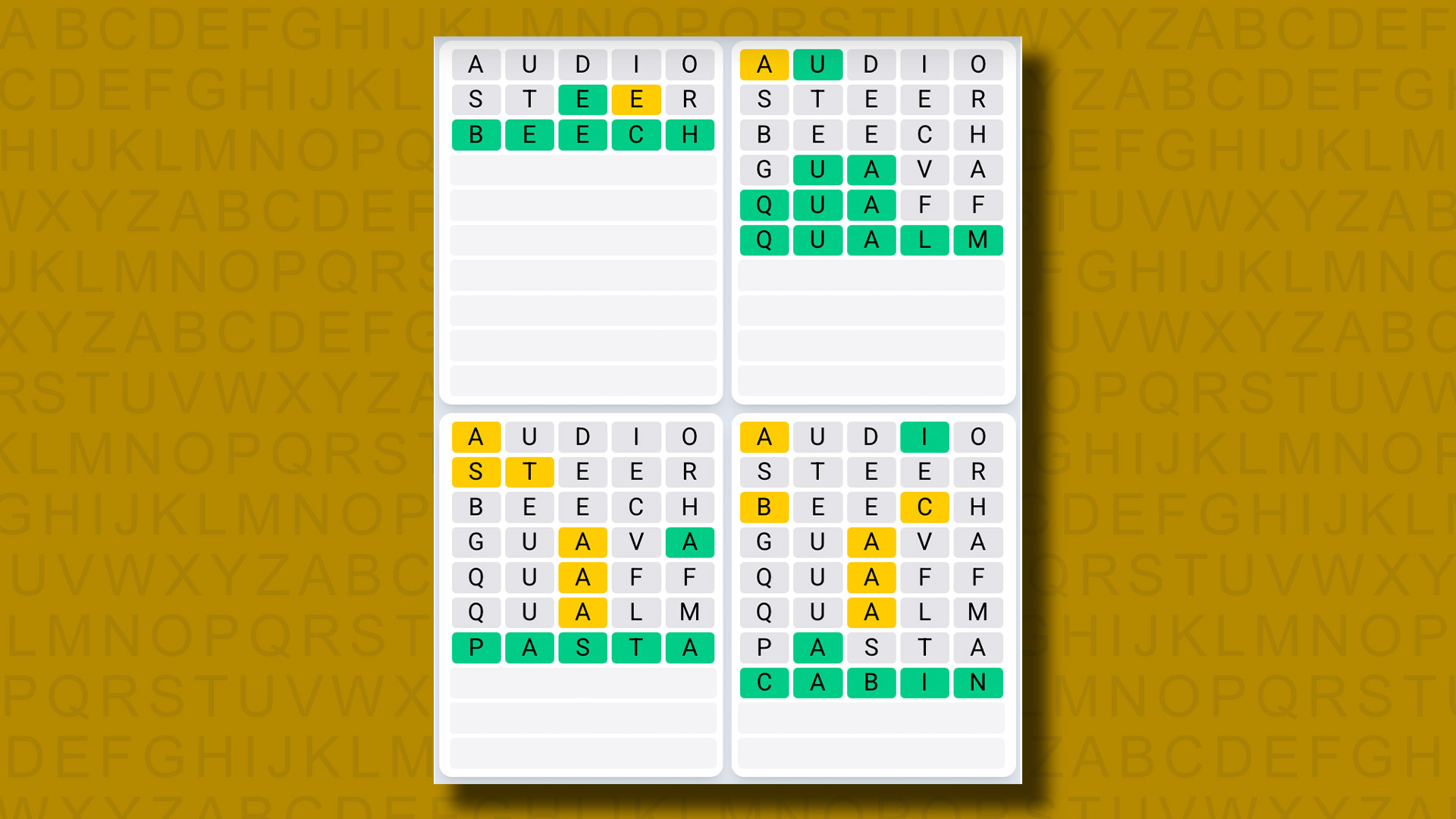 Quordle Günlük Sıra 1113 için Sarı Arka Planda Cevapları