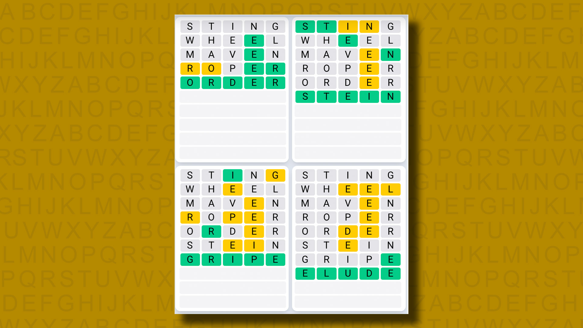 Quordle Günlük Sıra Yanıtları 1114 Oyun Sarı Arka Planda