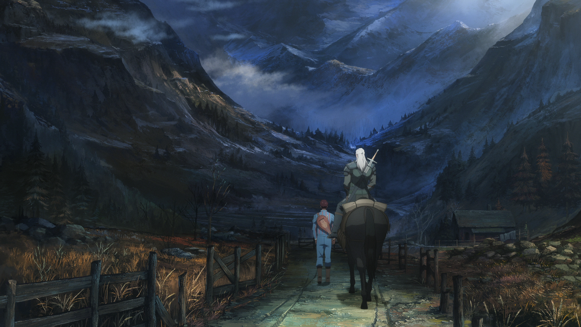 Geralt, Jaskier'in yanında yürürken dağlara gidiyor