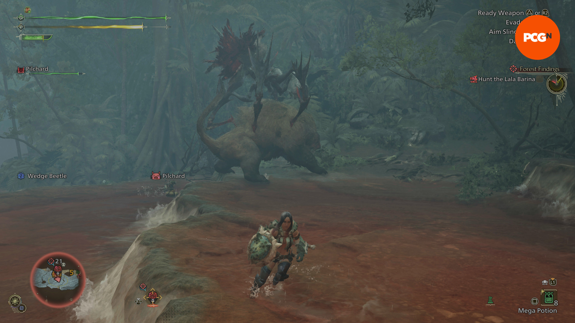 Monster Hunter Wilds önizlemesi - Bir Lala Barina, bir Dosaguma'ya saldırır ve yukarıdan sırtını tutar.
