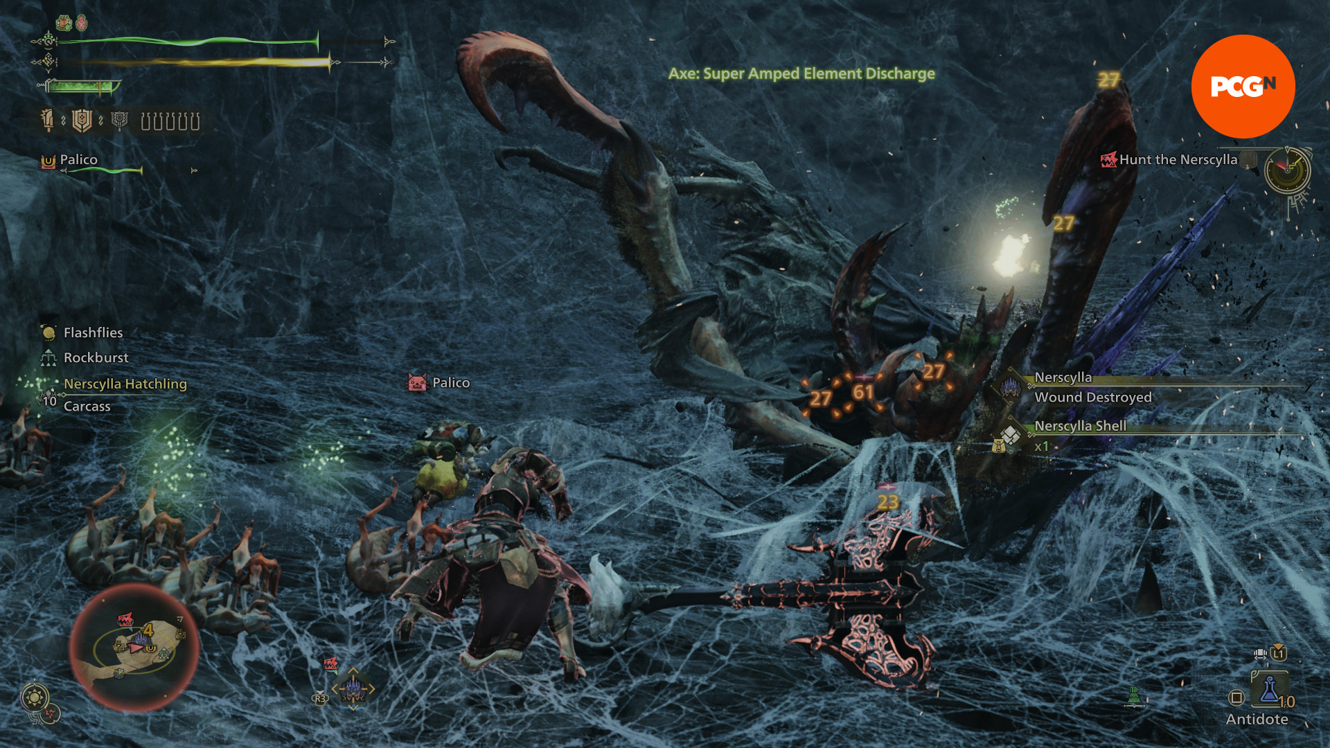 Monster Hunter Wilds Önizleme - Bir avcı, Charge Blade'in yuvasındaki bir Nerscylla'ya süper amped eleman deşarj saldırısını serbest bırakır.