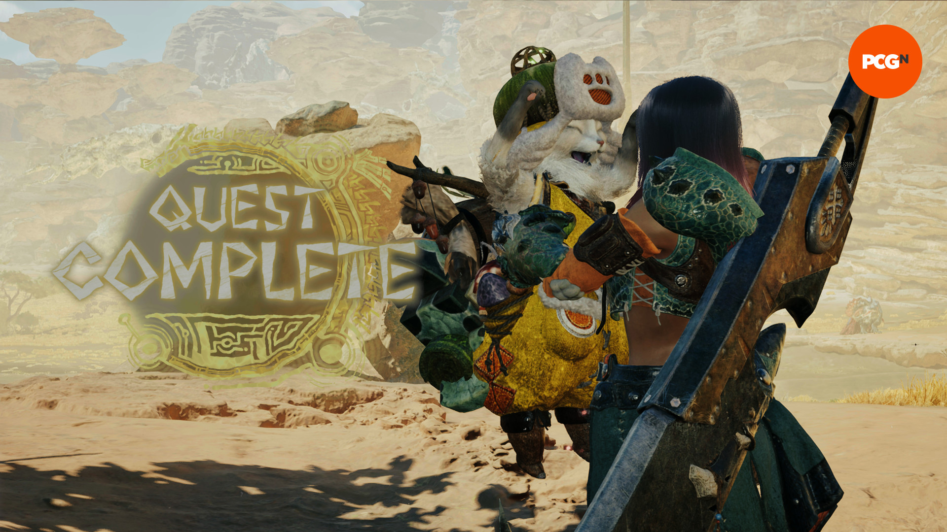 Monster Hunter Wilds Önizleme - Avcı, 'Görev Tamamlandı' ekranda göründüğü için gülümseyen Palico'yu kaldırıyor.