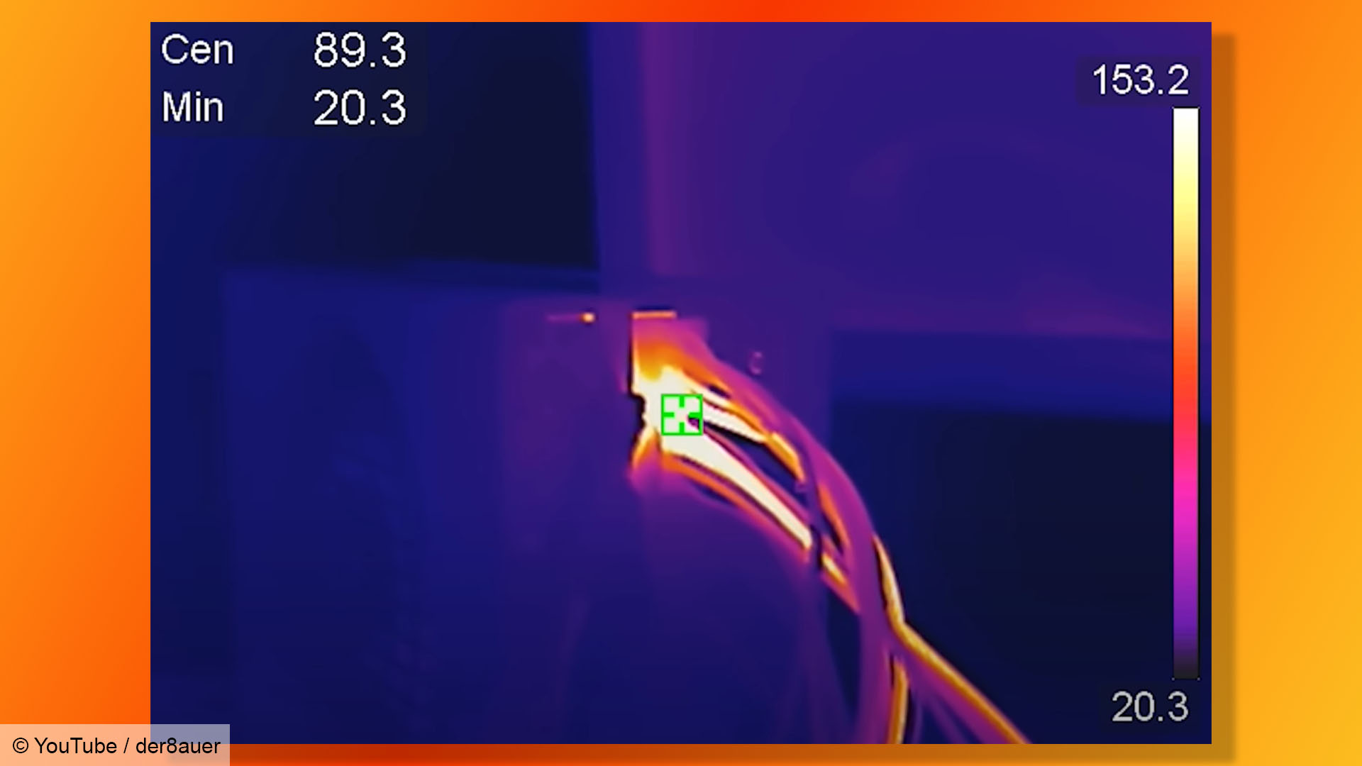 NVIDIA GEFORCE RTX 5090 Kablo Der8auer Youtune Video'dan alınan termal görüntüde sıcak çalışıyor.