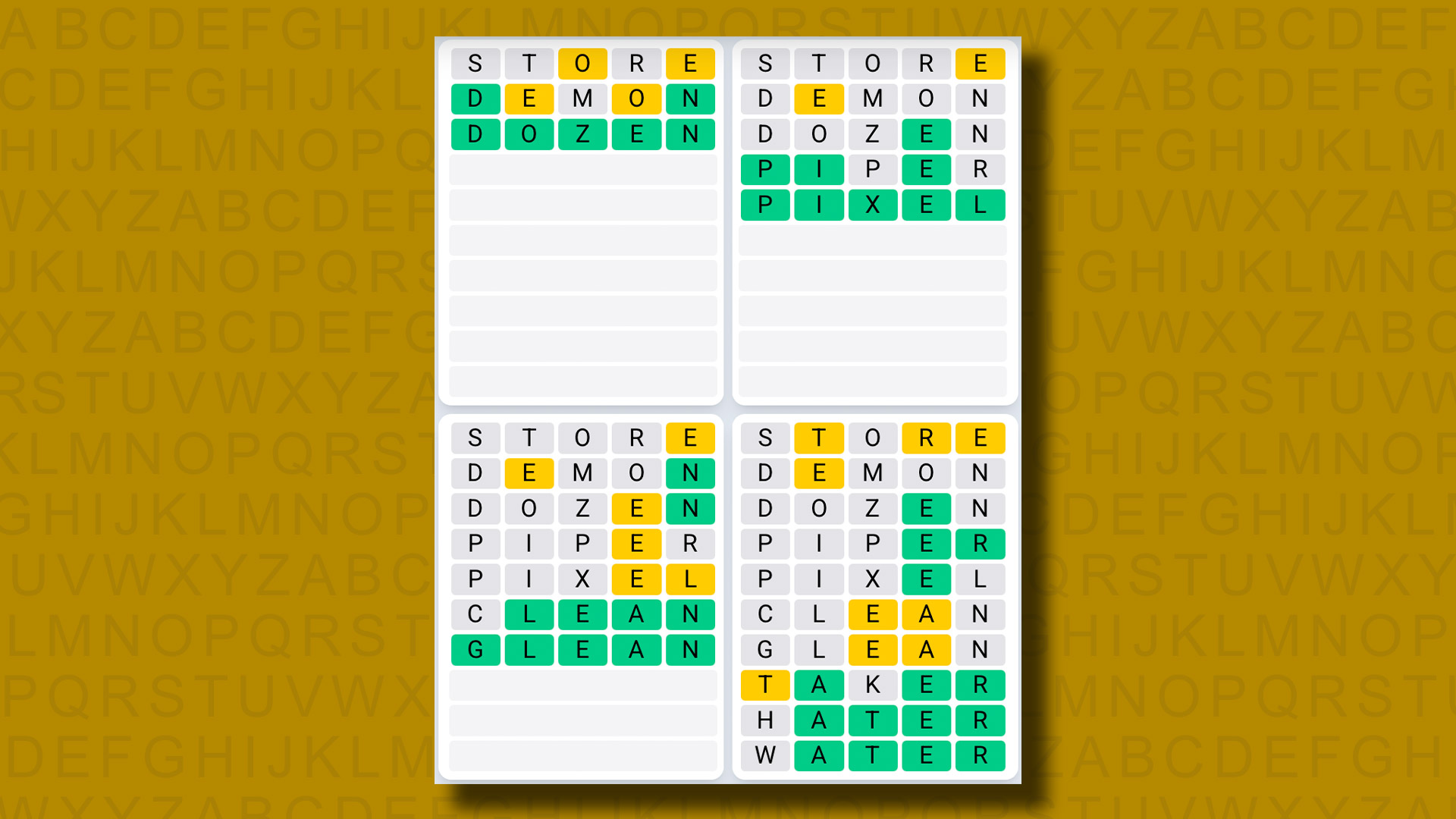 Quordle Daily Sequence, Sarı Arka Planda Oyun 1115 için Cevaplar
