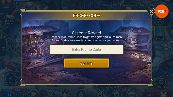 RAID Kodları: Raid Shadow Legends kodları için oyun içi itfa ekranı.