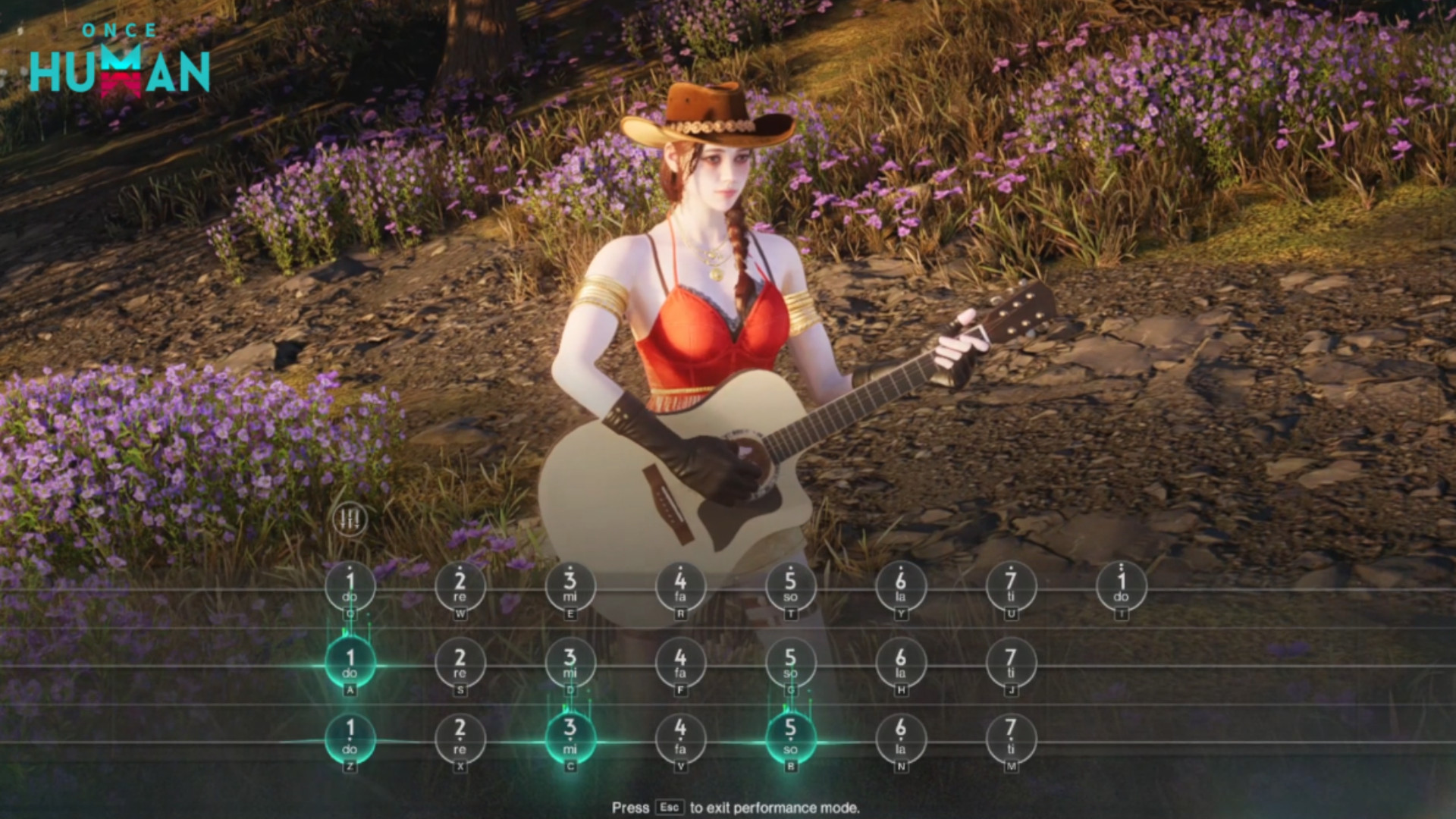 Bir zamanlar insan-update-folk-gitar-New-Enstrümansız-Steam-Survival-Game Bir kez insan güncellemesi 1.4.1 - Kovboy şapkasındaki bir kadın akustik bir gitar çalıyor.