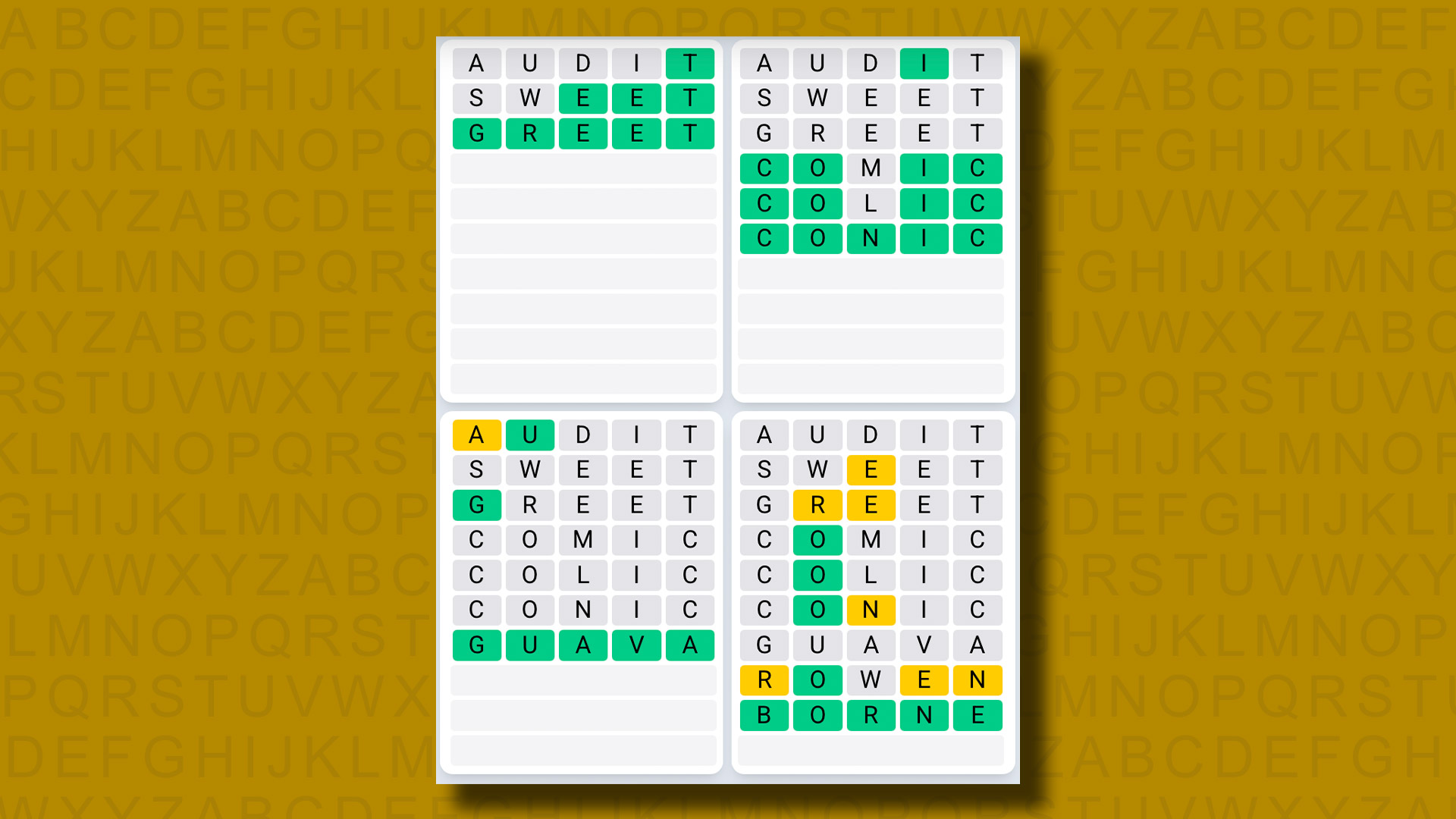 Quordle Daily Sequence, Sarı Arka Planda Oyun 1116 için Cevaplar