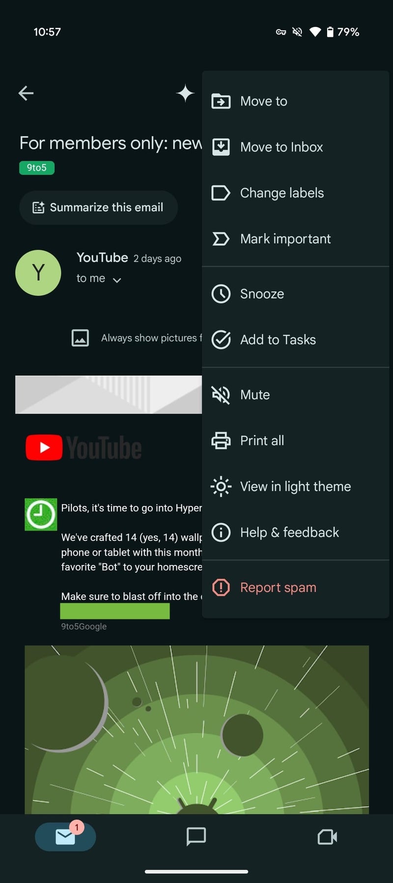 Android menü navigasyonu için yeni gmail ekran görüntüsü