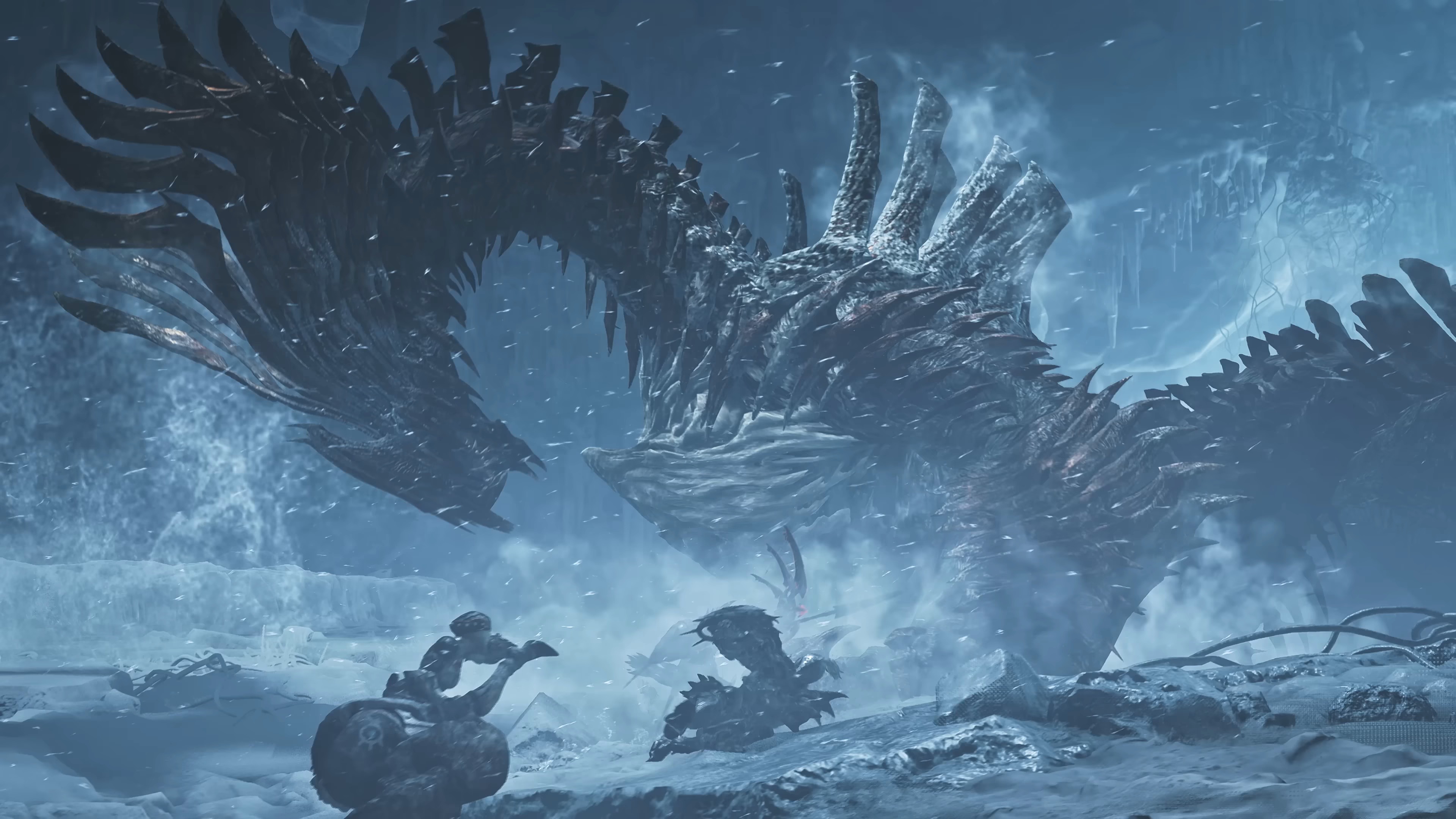 Monster Hunter Wilds'te Jin Dahaad ile savaşan oyuncuların tanıtım fragmanı ekran görüntüsü.