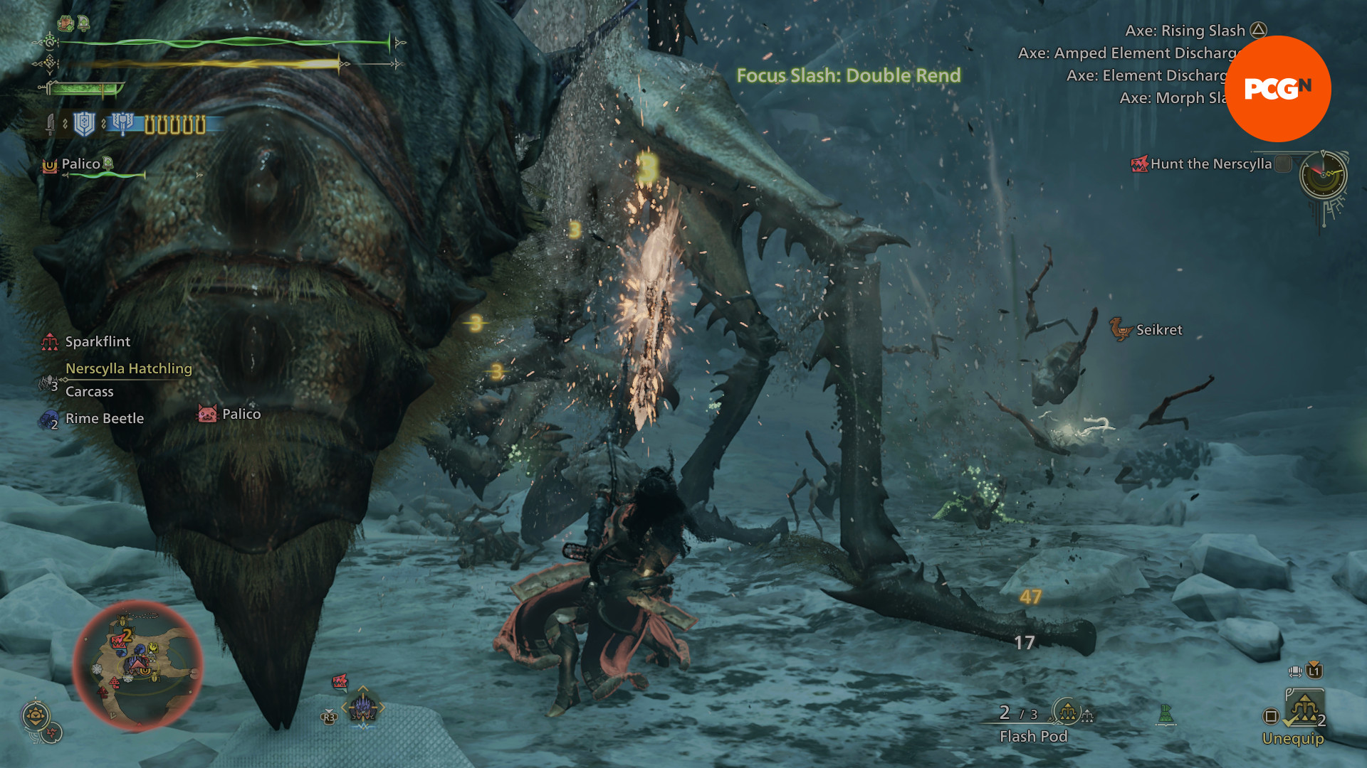 Monster Hunter Wilds Önizleme Röportajı - Bir Hunter, Nerscylla'nın uzuvlarını dönen 'pizza kesici' saldırısı ile hedeflemek için Charge Blade'in odak grevini çift rend kullanıyor.