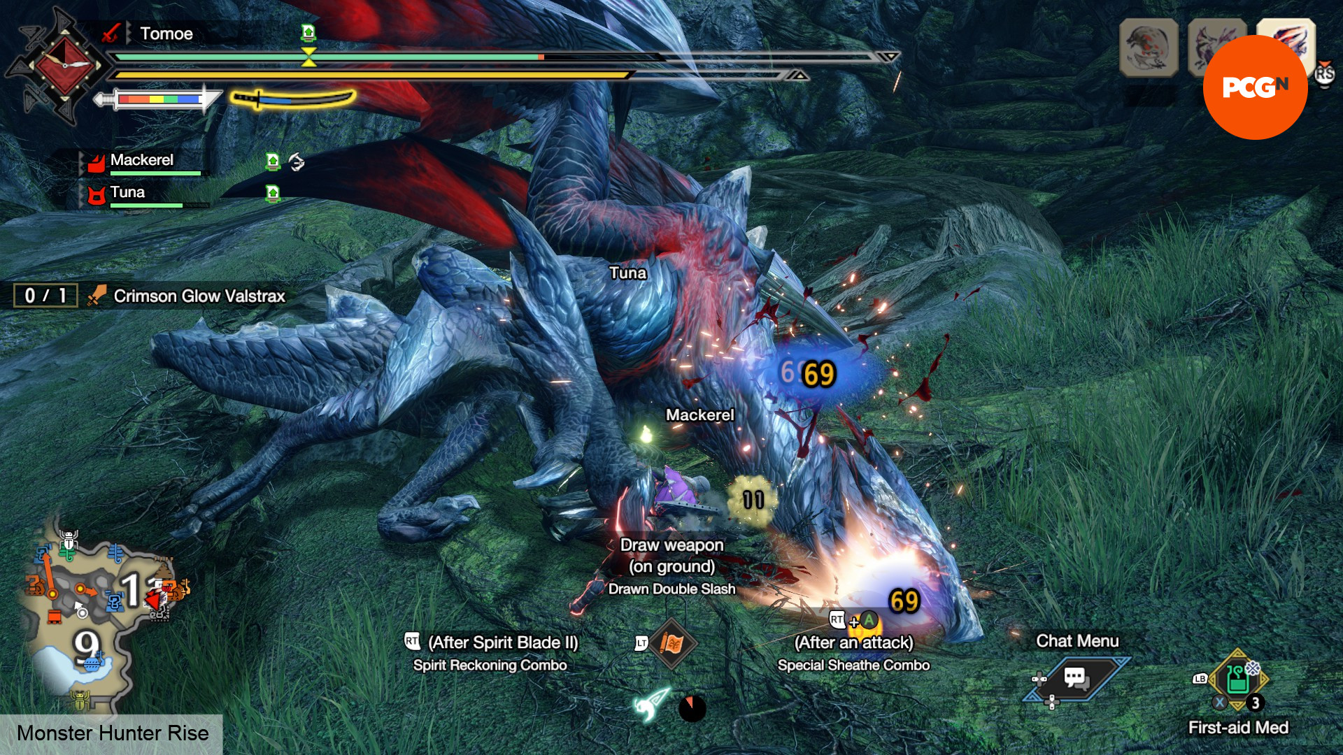 Monster Hunter Wilds Önizleme Röportajı - Bir Hunter, Monster Hunter Rise'taki Crimson Glow Valstrax'a karşı uzun kılıç kullanıyor.