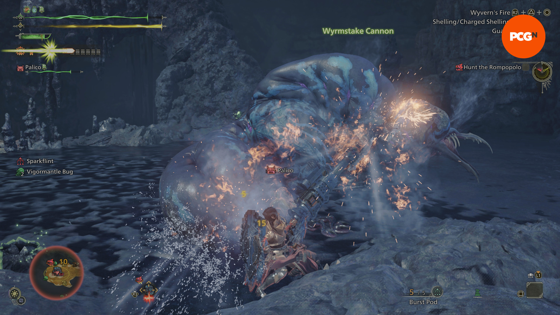 Monster Hunter Wilds Önizleme Röportajı - Avcı, Gunlance'ın Wyrmstake Cannon'u bir rompopolo üzerinde kullanıyor