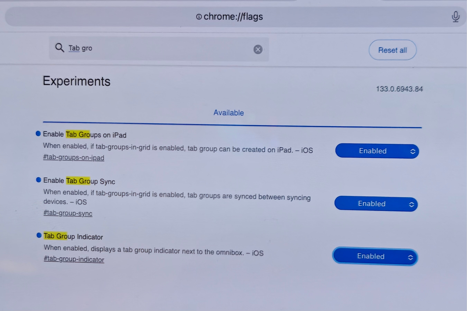 İPados'ta sekme gruplarını senkronize etmek için Chrome bayrağı.