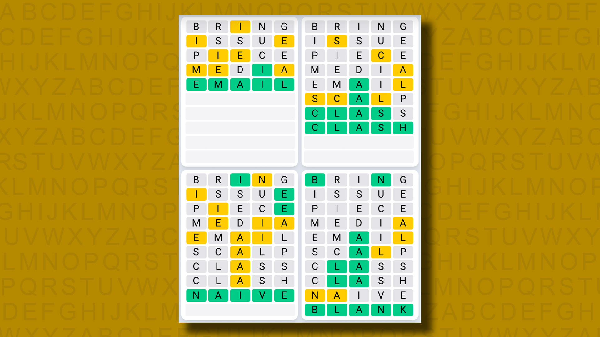 Quordle Günlük Sıra Yanıtları Sarı Arka Planda 1120 Oyun için Cevaplar