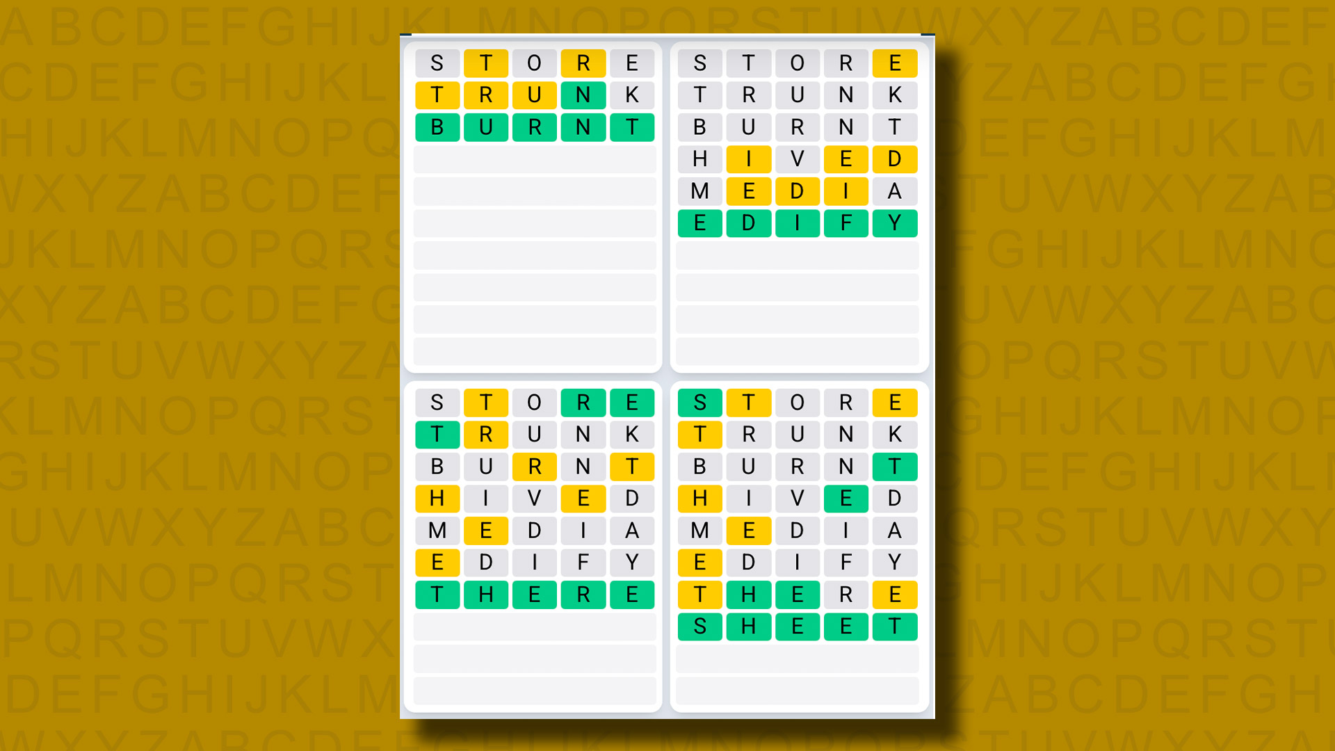 Quordle Günlük Sıra Yanıtları Sarı Arka Planda 1121 Oyun için Cevaplar