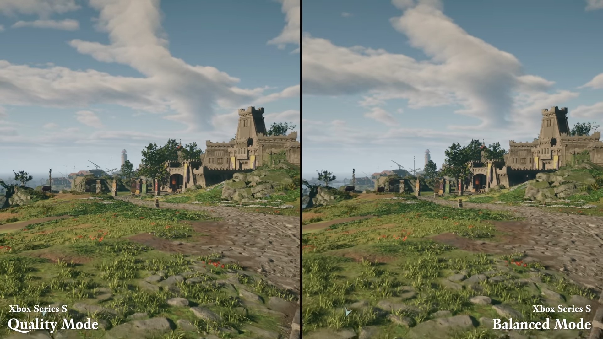 AVOWED için Xbox Serisi S'deki dengeli ve kalite modları arasında grafik kalitesinde fark gösteren ekran görüntüleri