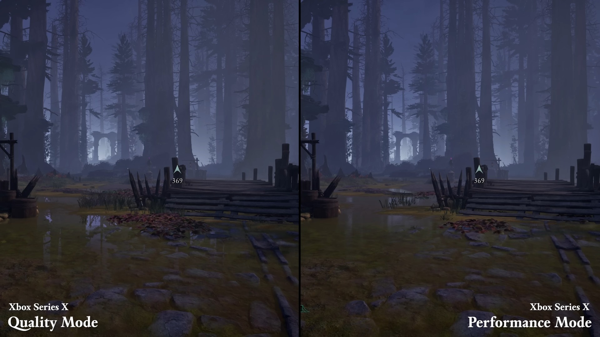 AVOWED için Xbox Serisi S'deki dengeli ve kalite modları arasında grafik kalitesinde fark gösteren ekran görüntüleri