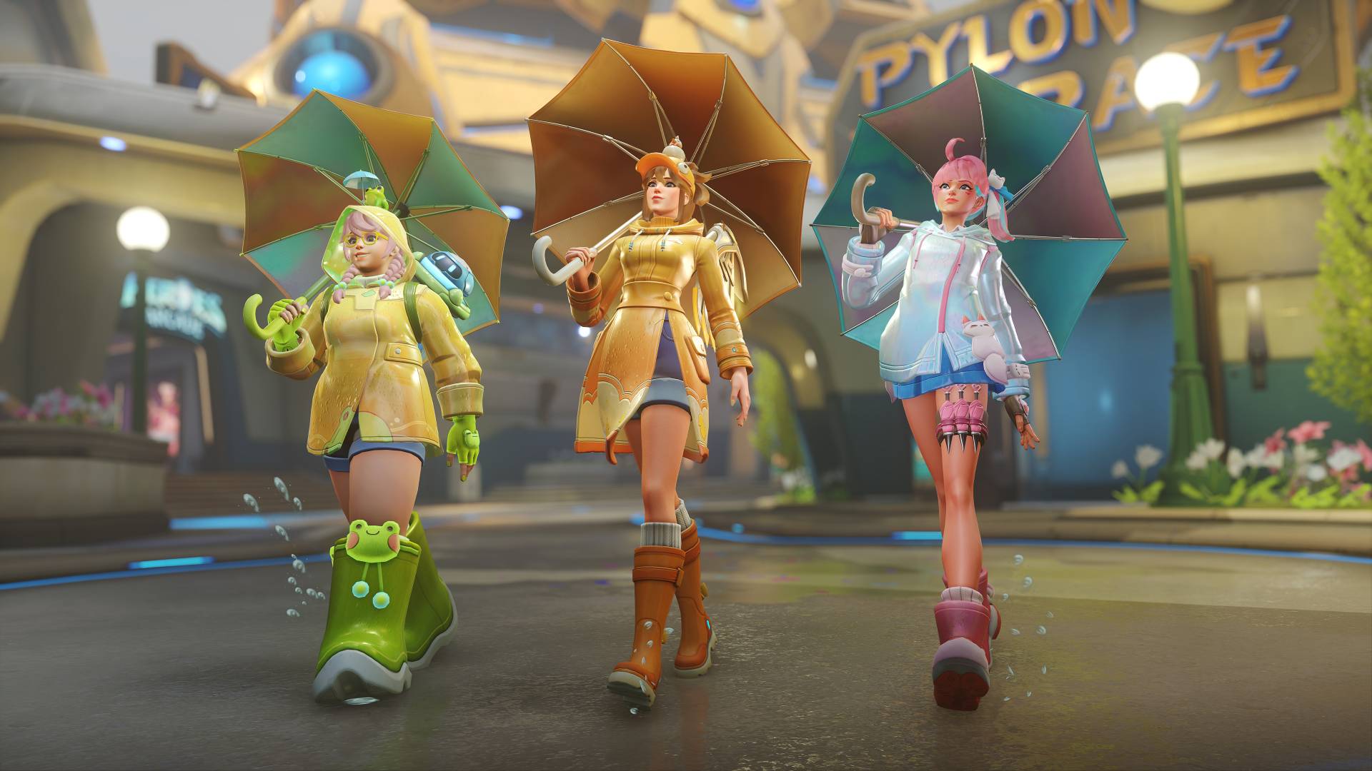 Overwatch-2-Rainy-Day-Sins-LOOT-BOX-BOX-REURNTRUVIZE Renkli yağmur pançosu giyen üç overwatch 2 karakter ileriye doğru yürüyor, şemsiyeler