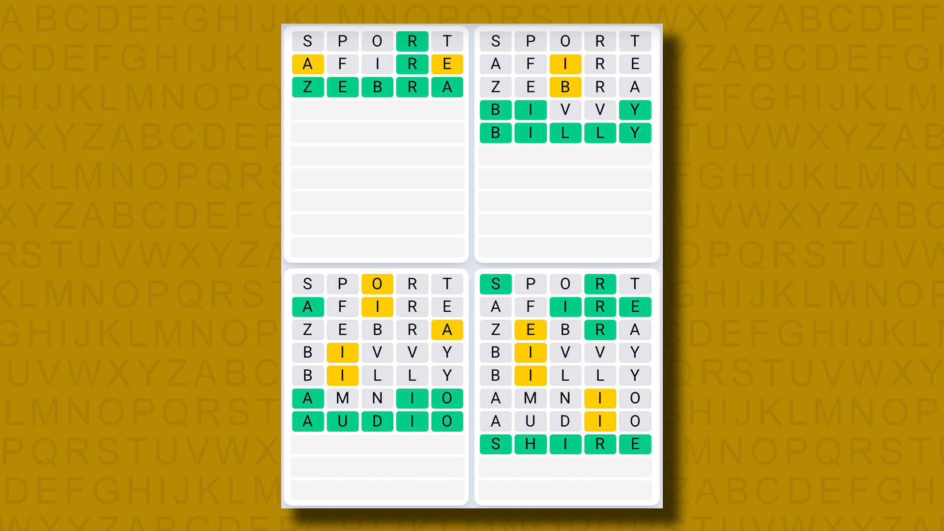 Quordle Daily Sequence, Sarı Arka Planda Oyun 1122 için Cevaplar