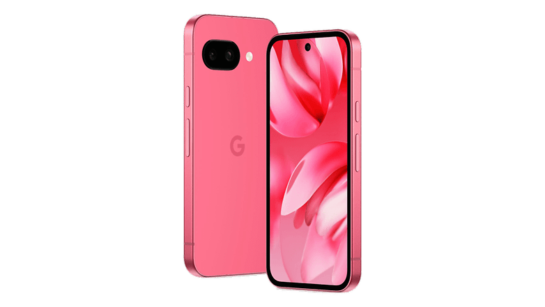 Rosa Google Pixel 9A akıllı telefon, ön ve arkadan gösterilen, canlı ekranla.