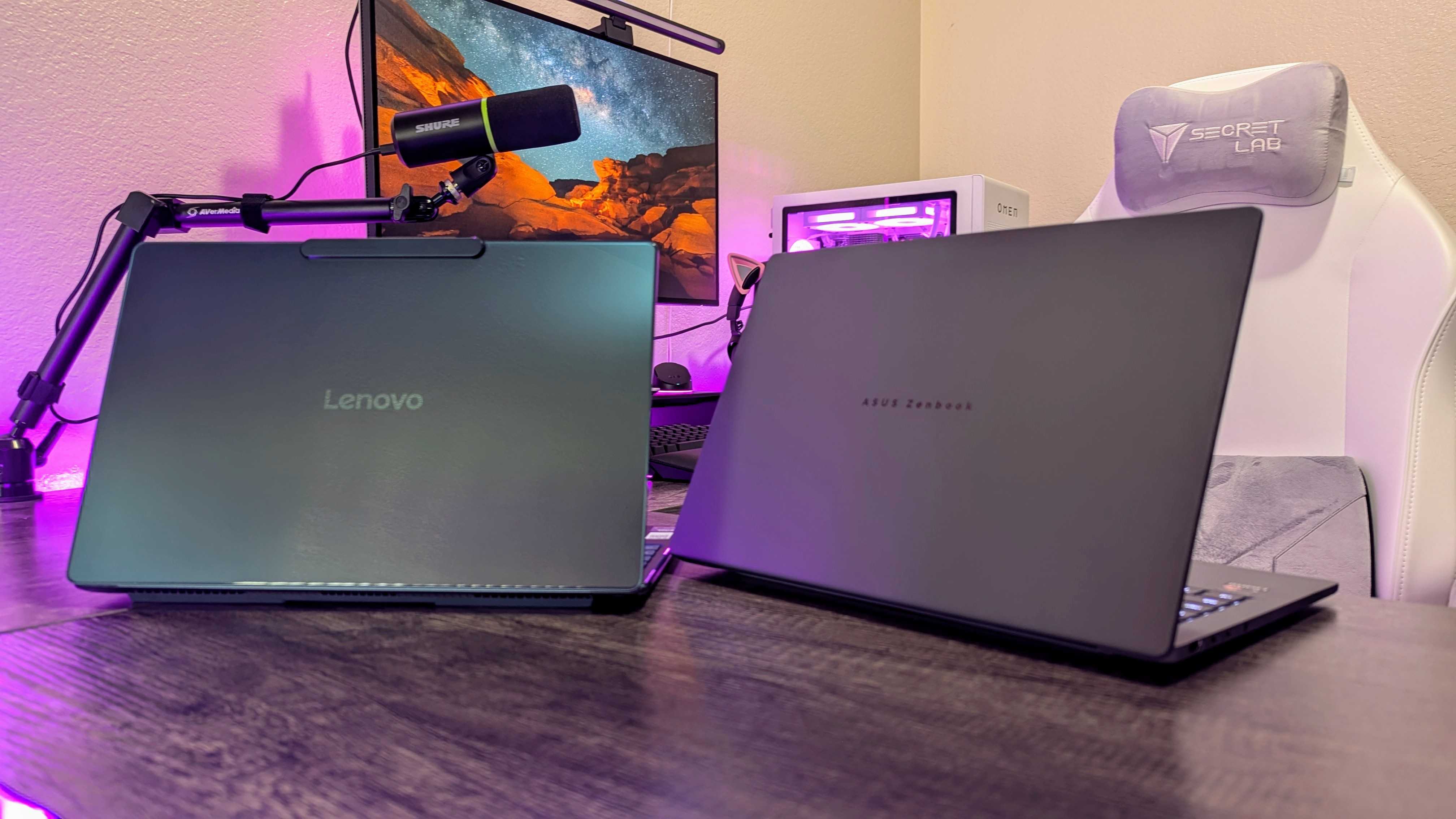 Lenovo Yoga Slim 9i 14 (Gen 10) ve Asus Zenbook A14 (2025) dizüstü bilgisayarların görüntüsü.