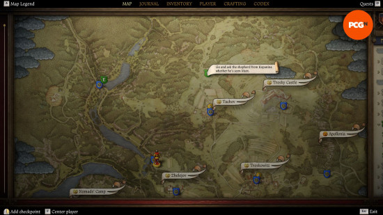 KCD2-MUTT-MAP-Fisherman Kingdom Come Delicance 2 Mutt: Bir göletin yanına yerleştirilmiş bir işaretleyici ile ormanlık bir alanın eski resimli bir haritası.