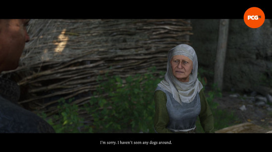 KCD2-MUTT-HERB-kadın Kingdom Come Delicance 2 Mutt: Ortaçağ köylü kıyafetleri giyen bir kadın bir masada oturuyor.