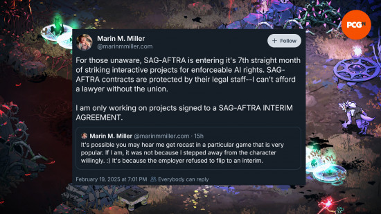 @Marinmmiller.com'dan bir Bluesky Gönderi: "Farkında olmayanlar için, SAG-Aftra, uygulanabilir AI hakları için 7. düzgün etkileşimli projelerin 7. ayına giriyor. SAG-AFTRA sözleşmeleri hukuk personeli tarafından korunur-Birlik olmadan bir avukat alamam. Sadece bir SAG-AFTRA geçici anlaşmasına imza atan projeler üzerinde çalışıyorum." Arka planda Hades 2'den bir ekran görüntüsü görülebilir, PCGamesn için logo sağ üstte görülebilir.