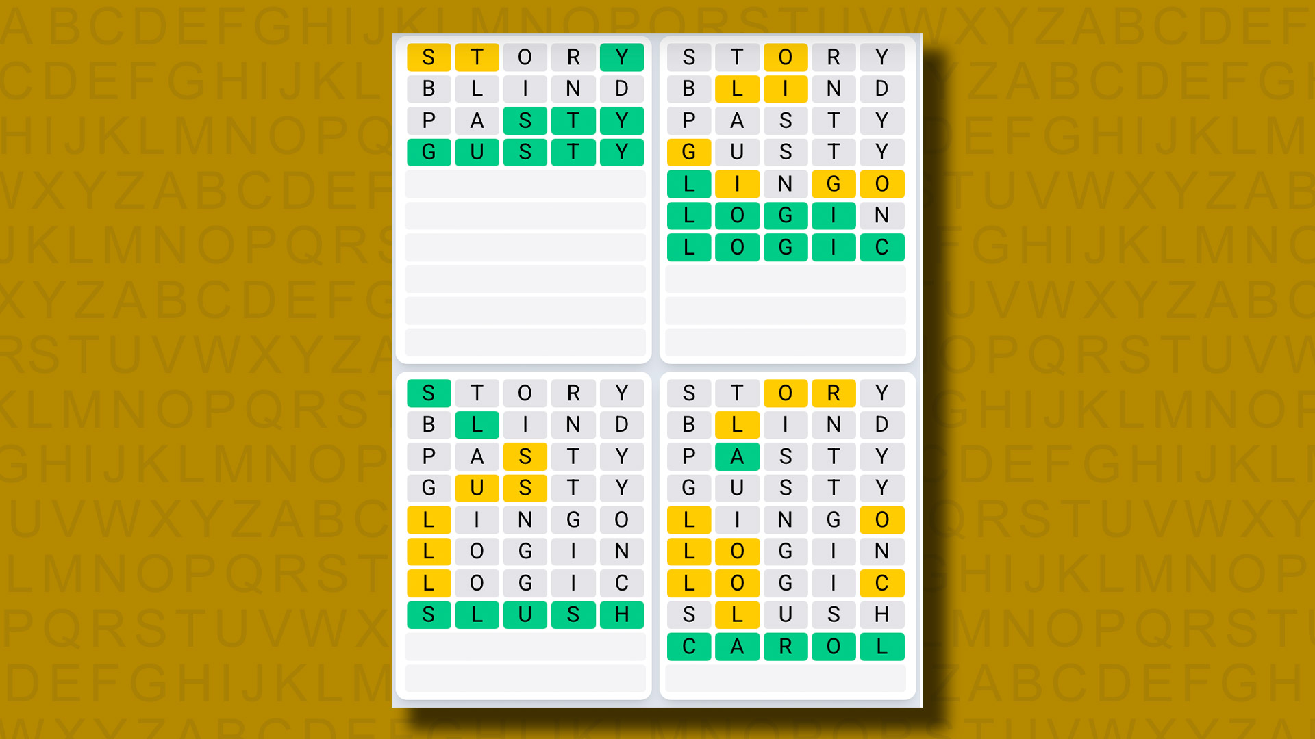 Quordle Daily Sequence Sarı Arka Planda Oyun 1124 için Cevaplar