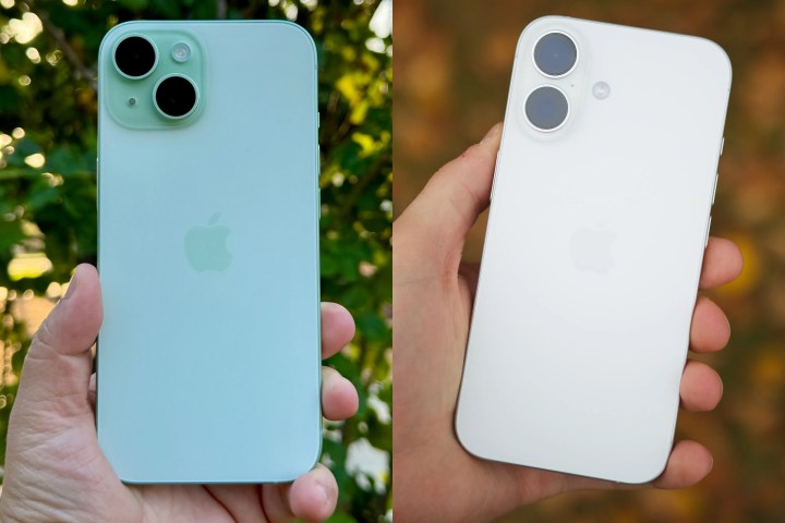 Bir iPhone 15 ve iPhone 16'nın kompozit çekim ellerinde kahraman.