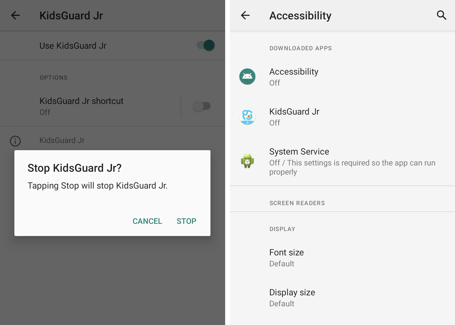 KidsGuard adlı bir uygulamayı gösteren iki ekran görüntüsü, şüphesiz kullanıcılara snoop için Android'de erişilebilirlik özelliğini kaçırıyor. İkinci ekran görüntüsü, erişilebilirlik, KidsGuard ve sistem hizmeti adı verilen üç Stalkerware uygulamasını gösterir, böylece artık aktif olarak çalışmazlar.