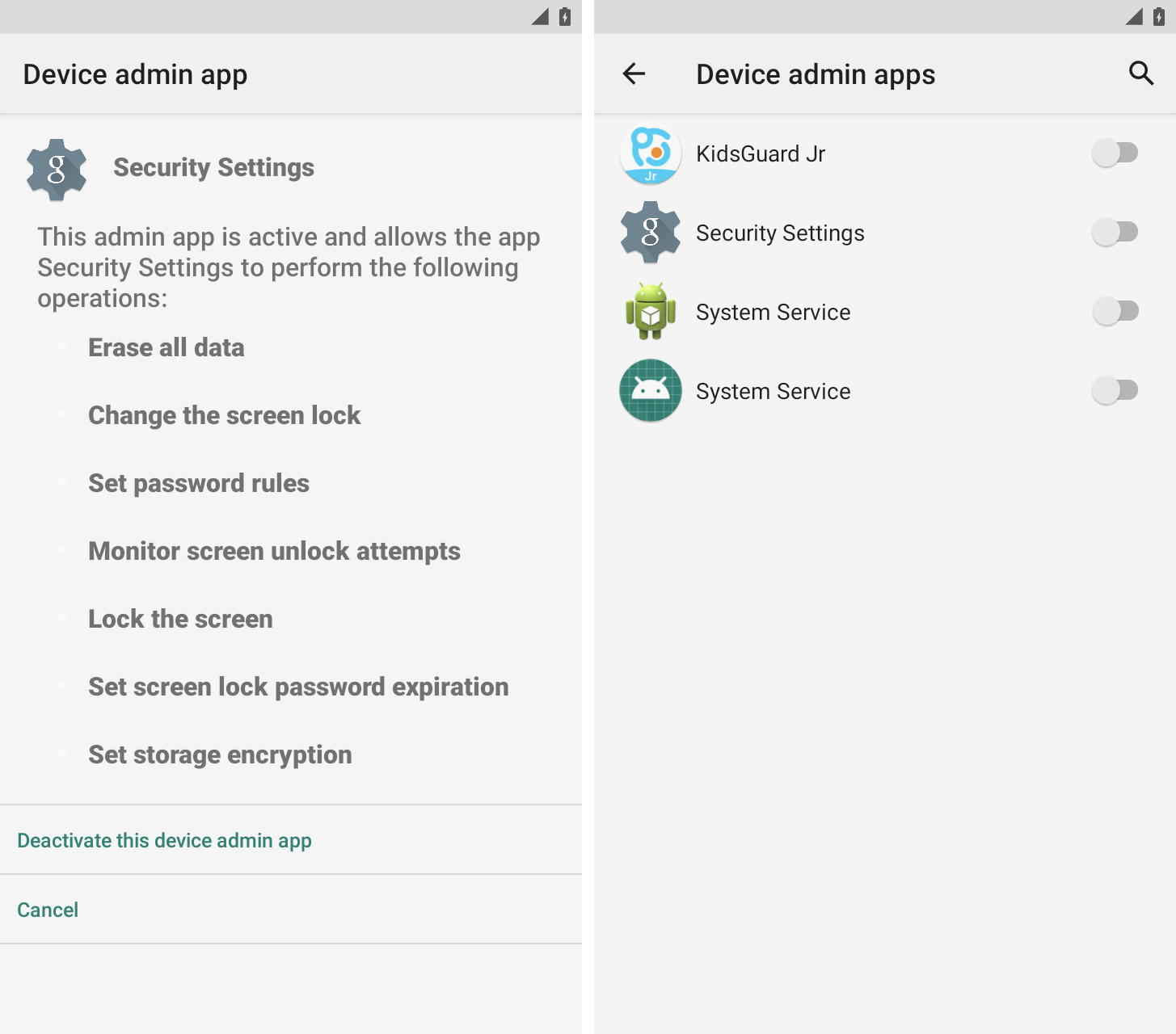 İki ekran görüntüsü yan yana, biri tehlikeli görünümlü gösteriyor "Güvenlik Ayarları" söz konusu Android cihaz üzerinde tam yönetici kontrolü olan uygulama, "Tüm verileri sil" Ve "Ekranı kilitleyin." İkinci ekran görüntüsü, şu anda yüklü aygıt yönetici uygulamalarını kapatıldığı gibi gösteriyor.