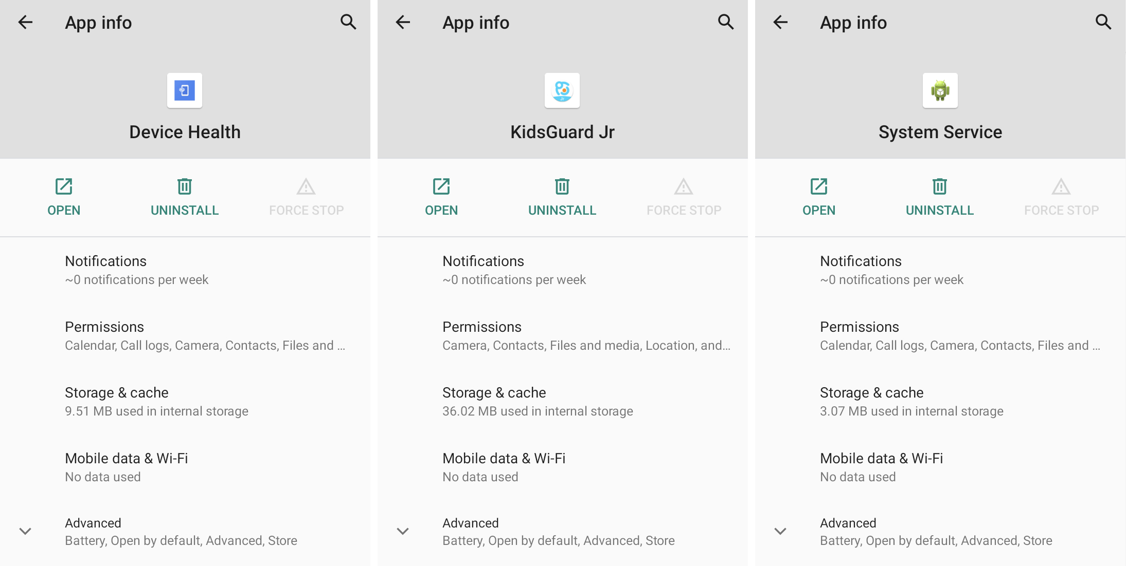 Üç ekran görüntüsü yan yana, hepsi normal, sıradan uygulamalar olarak gizlenmiş üç Stalkerware uygulamasını gösteriyor-biri deniyor "Cihaz sağlığı," başka bir denir "Çocuk koruması" ve üçte biri "Sistem hizmeti." Tüm bu uygulamalar, bir kullanıcının verilerine aşırı geniş erişim izinlerine sahiptir.