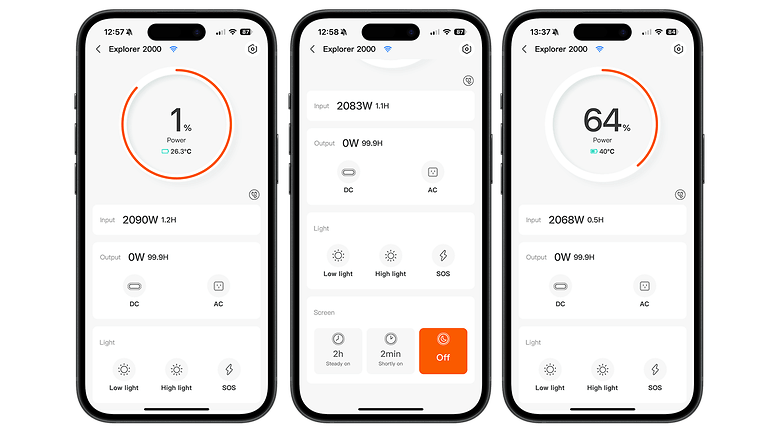 Jackery Explorer 2000 V2 uygulamasının pil stantları ve performans ayrıntılarıyla gösterdiği üç akıllı telefon.