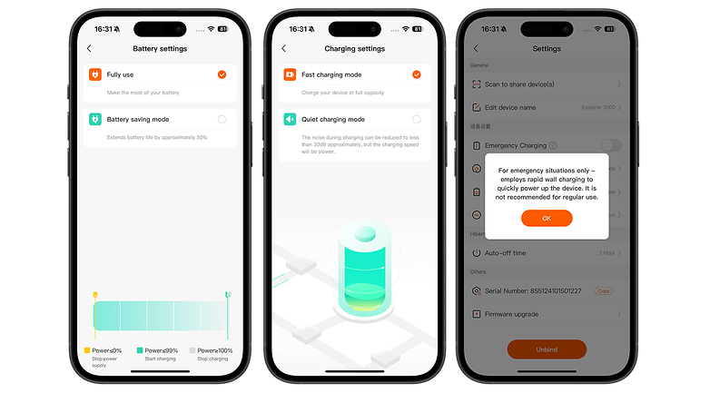 Üç akıllı telefon ekranı, pil modları ve acil durum yükü dahil Jackery Explorer 2000 V2 için ayarları göstermektedir.