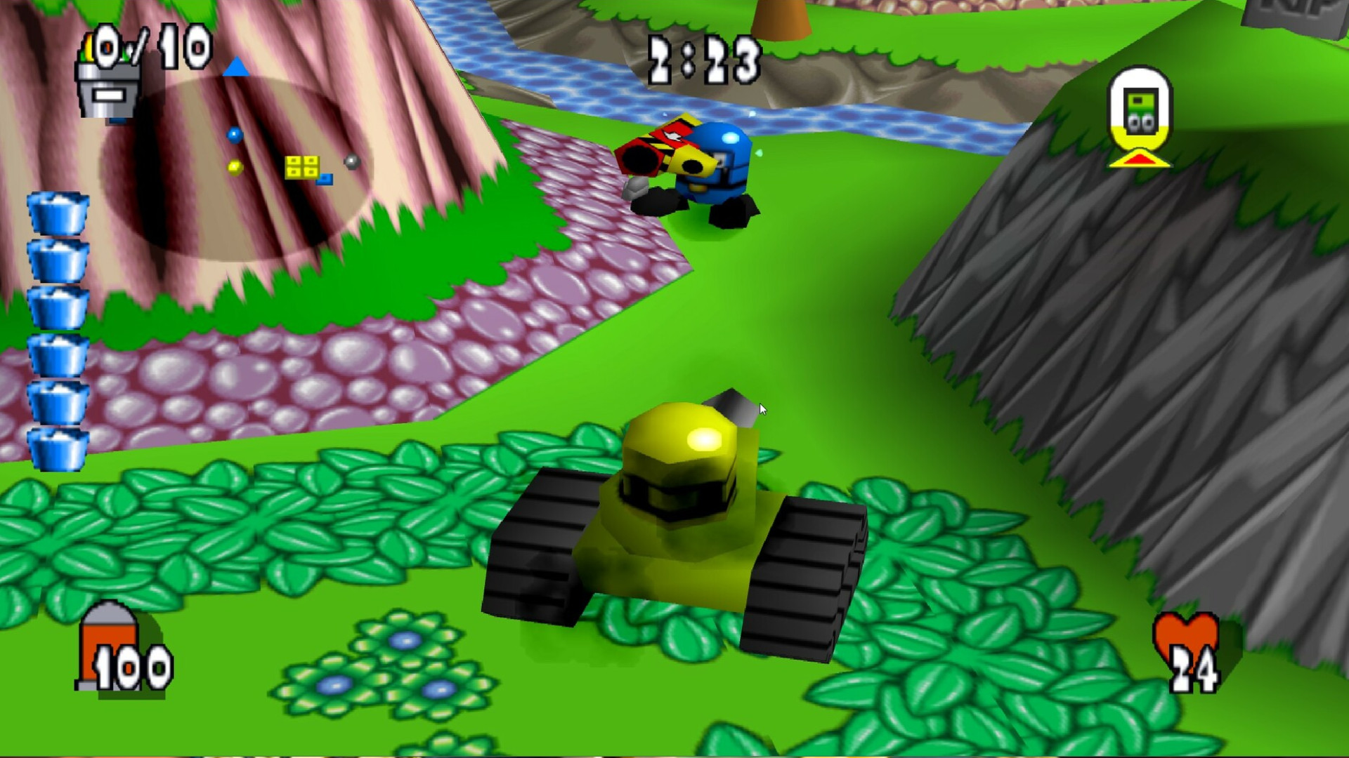 Team-Buddies-Remaster-Steam-Bank Takım Arkadaşları - Bir tank rakip bir oyuncuya yaklaşır.
