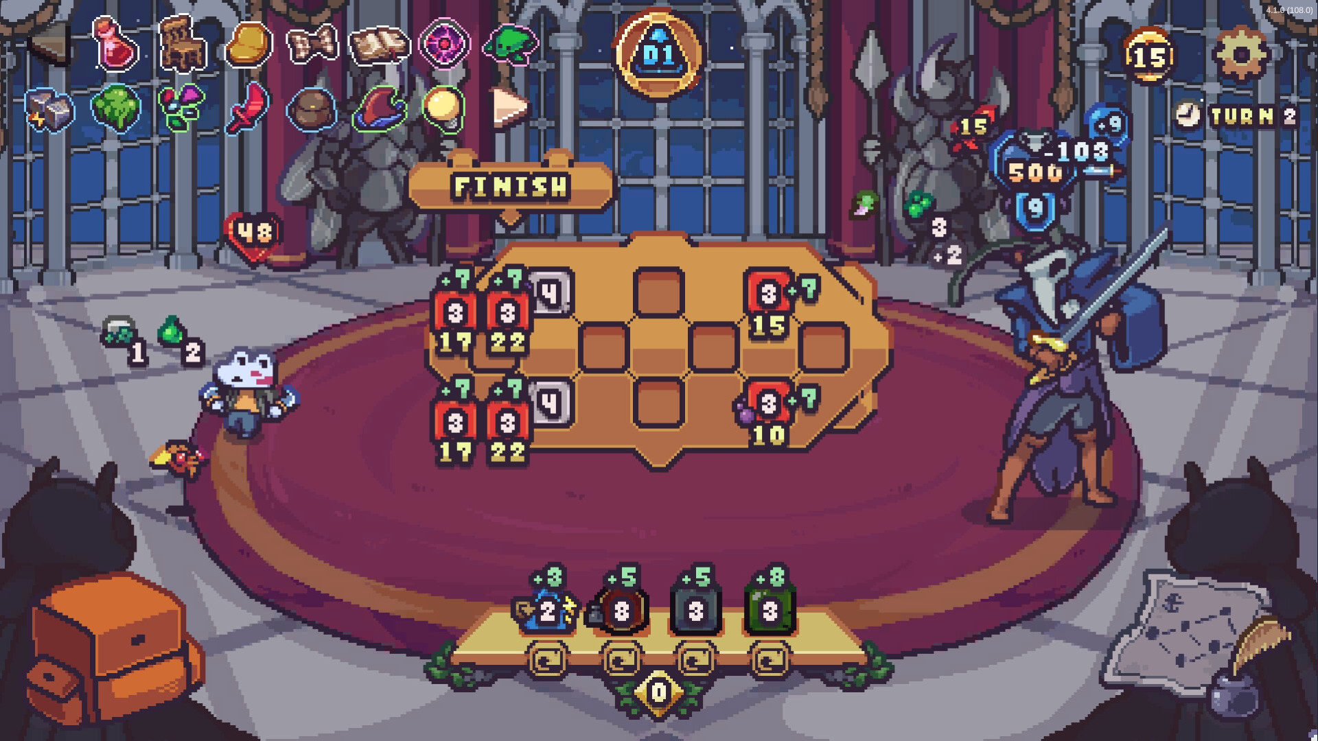 Tungeon-New-Roguelike-Deckbuilder-Out-Boss-Boss-Fight Dungeon'da ölün - oyuncu bir düşman kılıç ustasını ele almak için zar koyar.