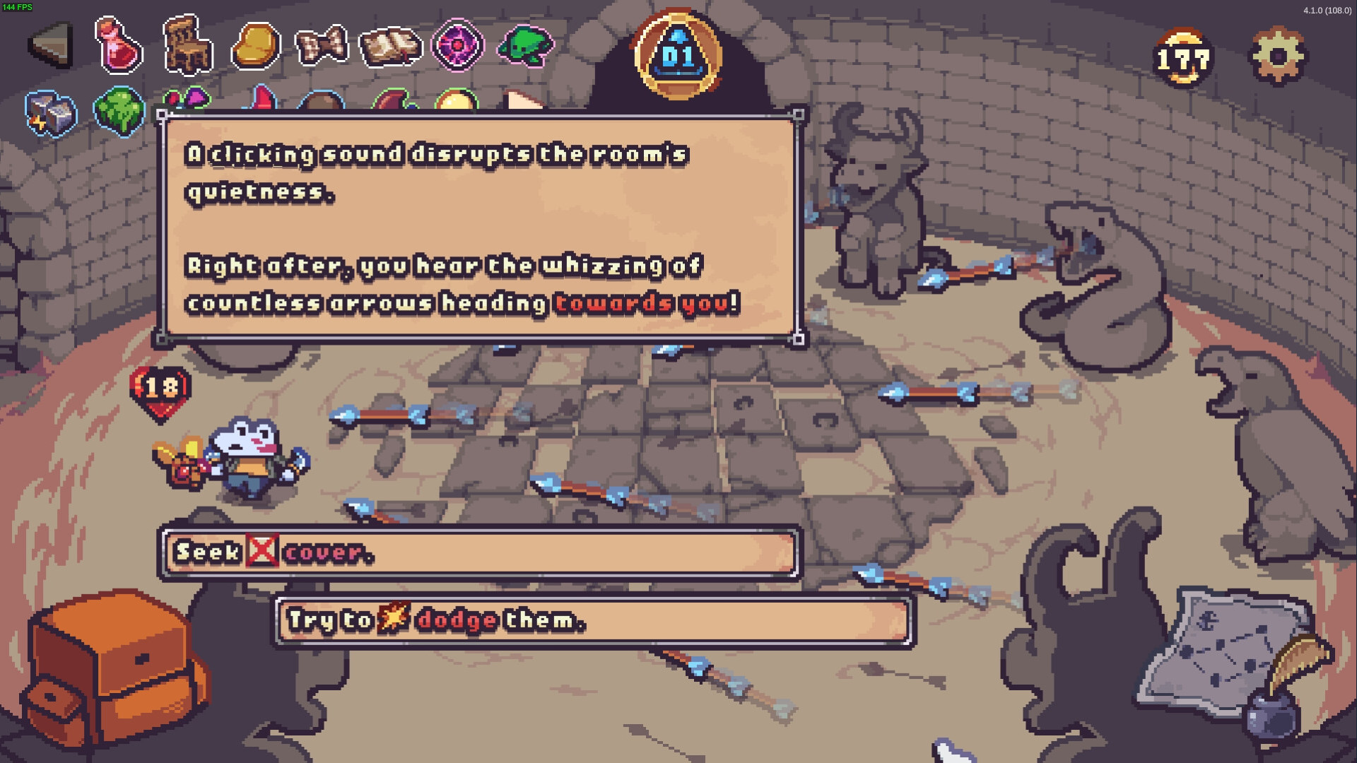 Dingeon-New-Roguelike-Deckbuilder-Event Dungeon'da ölün - Bir oyuncu tehlikeli bir ok tuzağına sahip bir etkinlikle karşılaşır.