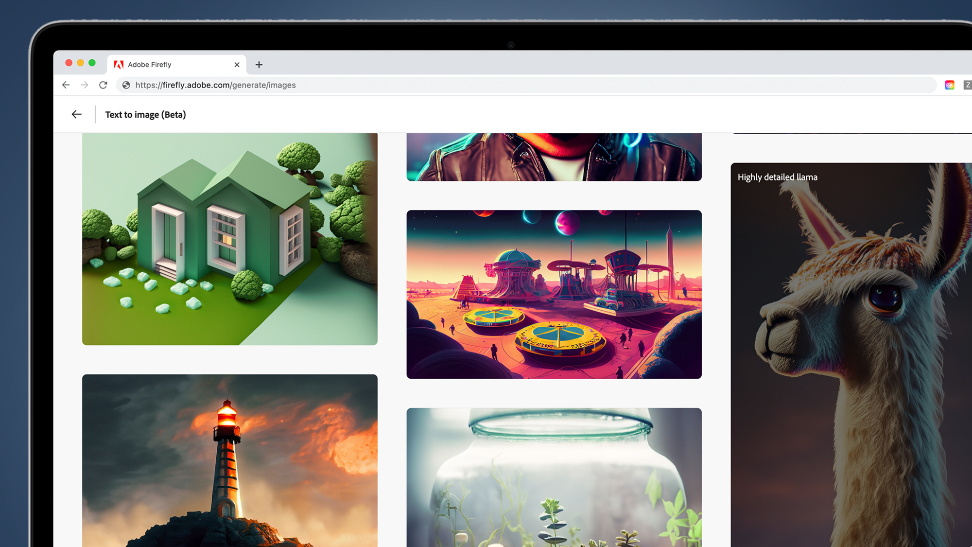 Adobe'nin Firefly AI araçlarını gösteren mavi bir arka plan üzerinde bir dizüstü bilgisayar ekranı