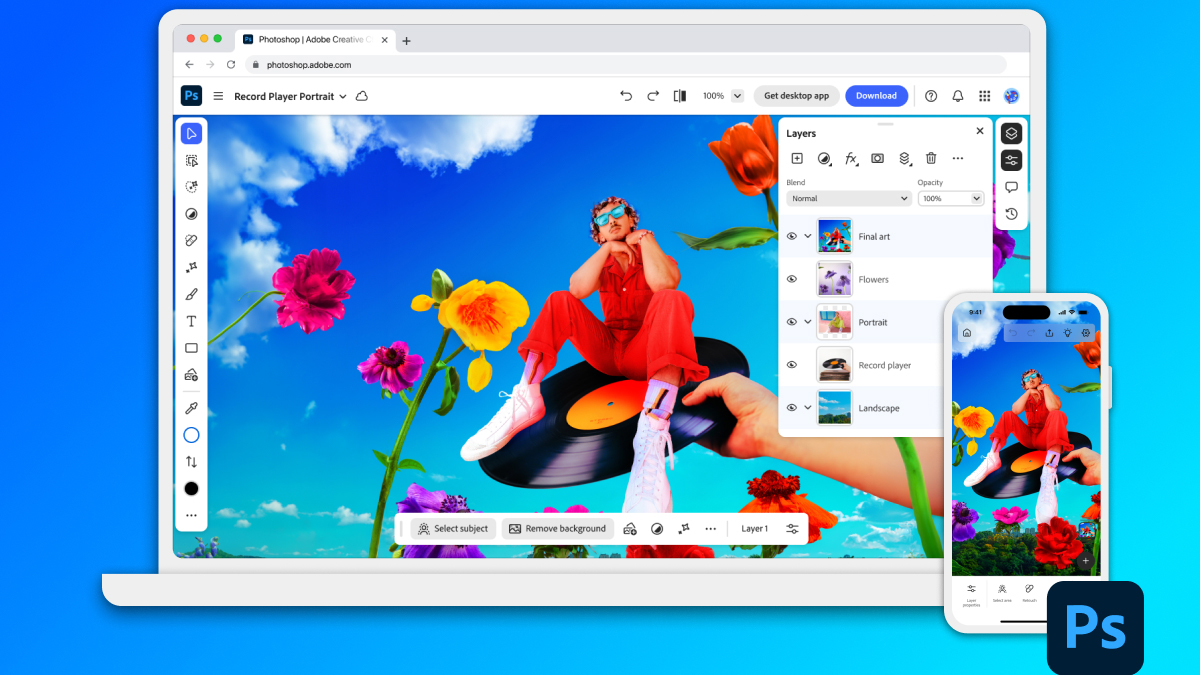 Yeni Photoshop uygulamasını ve web sürümlerini gösteren bir dizüstü bilgisayar ve iPhone