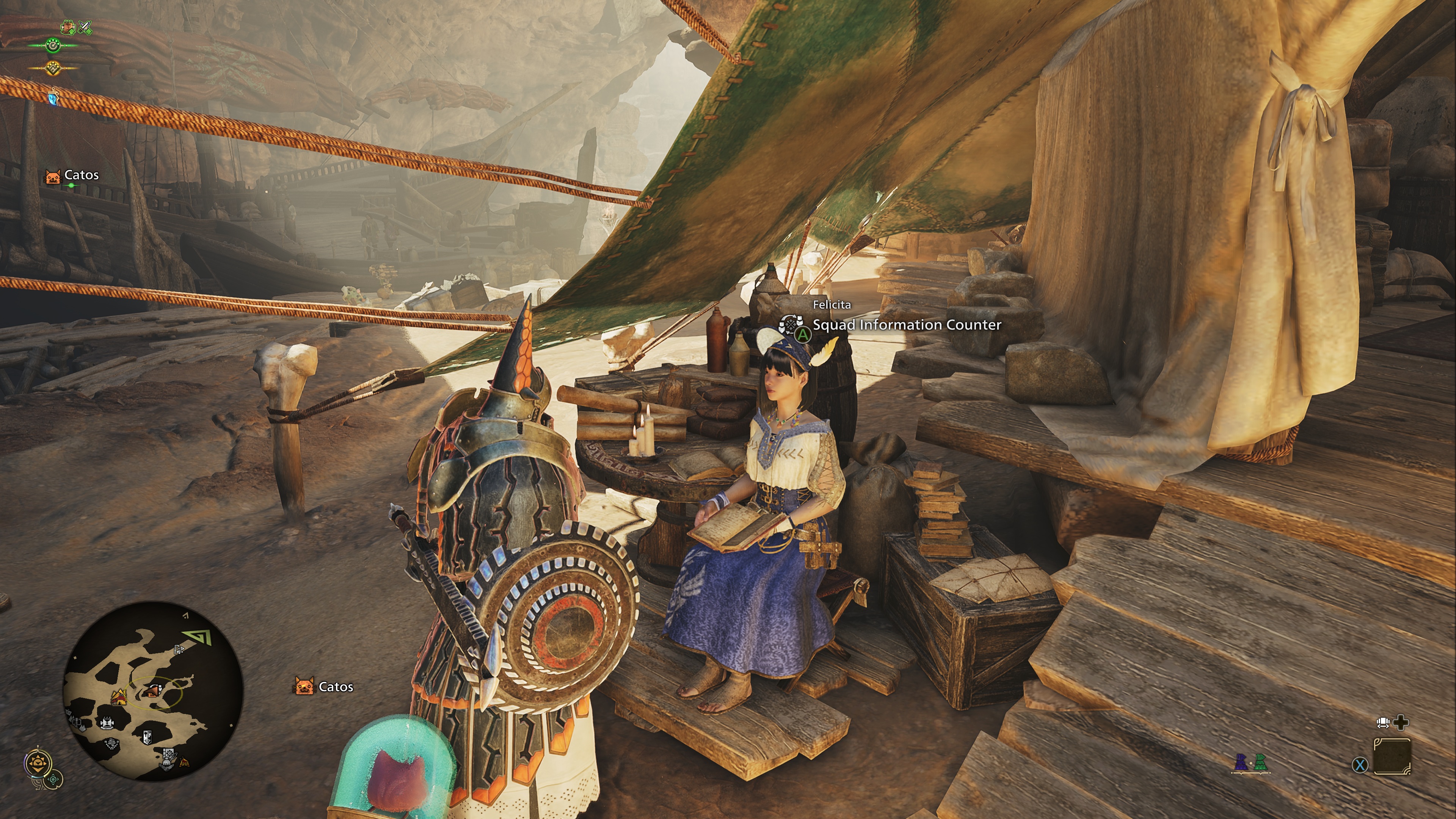 Monster Hunter Wilds'teki Felicita ile konuşan oyuncunun oyun içi ekran görüntüsü