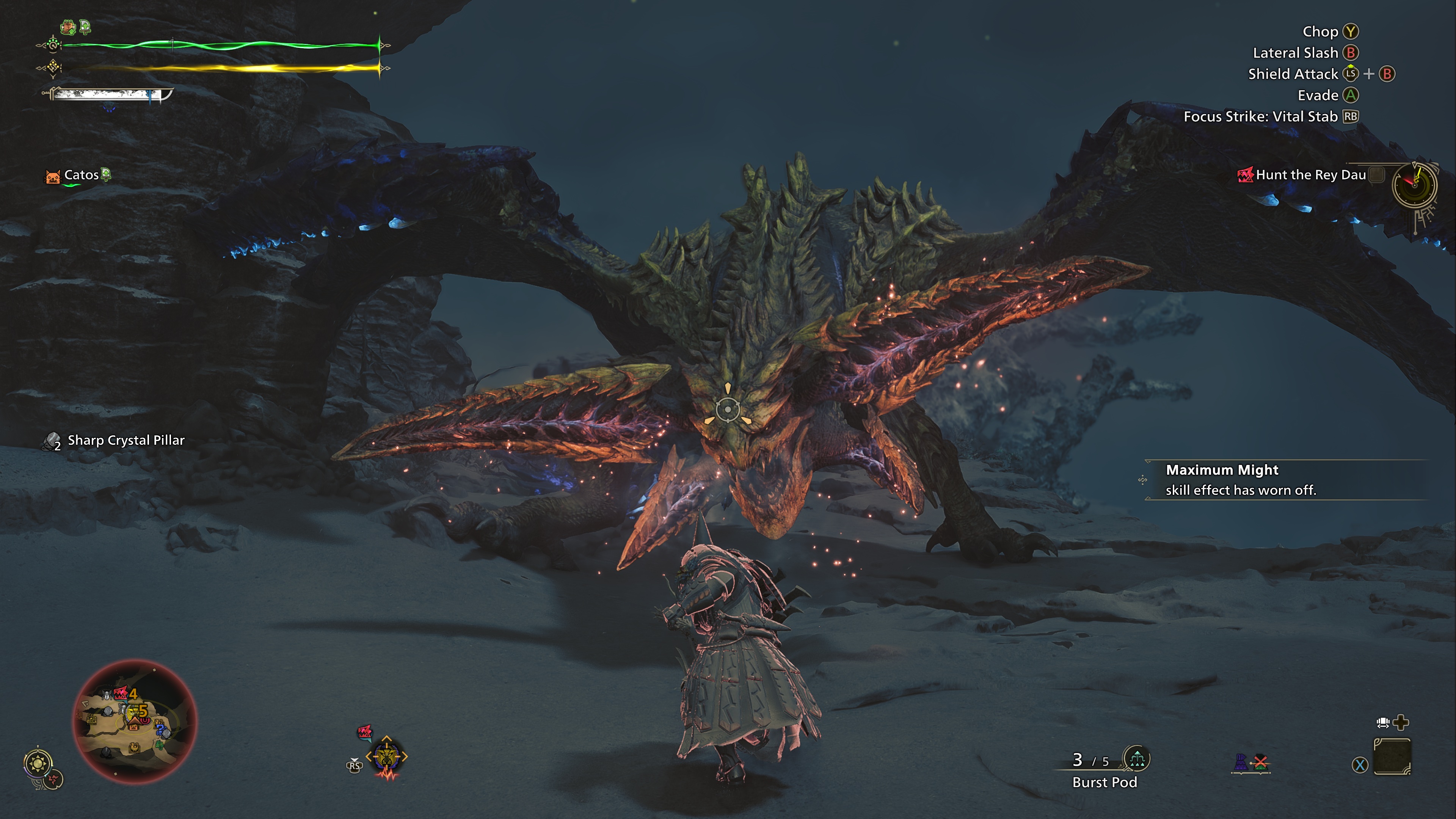 Monster Hunter Wilds'teki Rey Dau'nun yüzüne maruz kalan bir zayıf noktanın oyun içi ekran görüntüsü