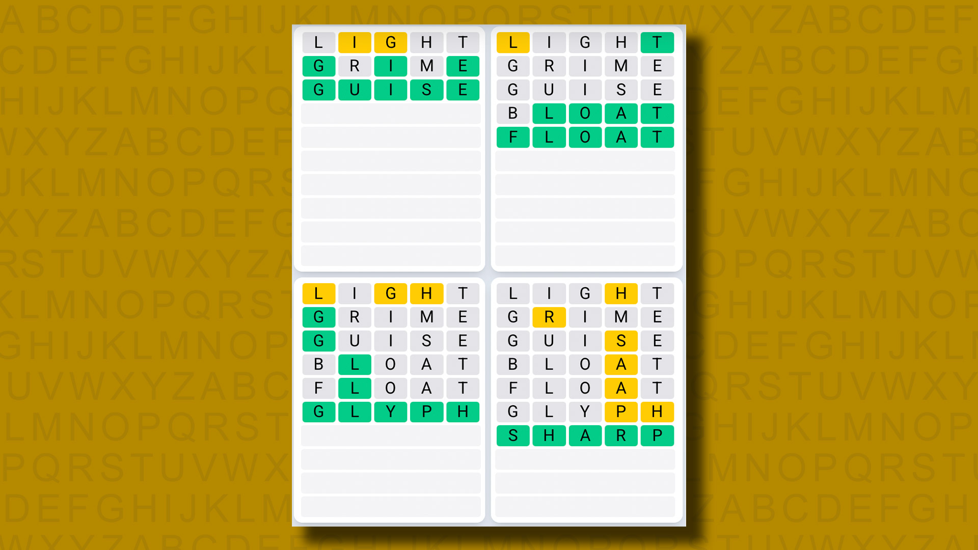 Quordle Daily Sequence, Sarı Arka Planda Oyun 1131 için Cevaplar