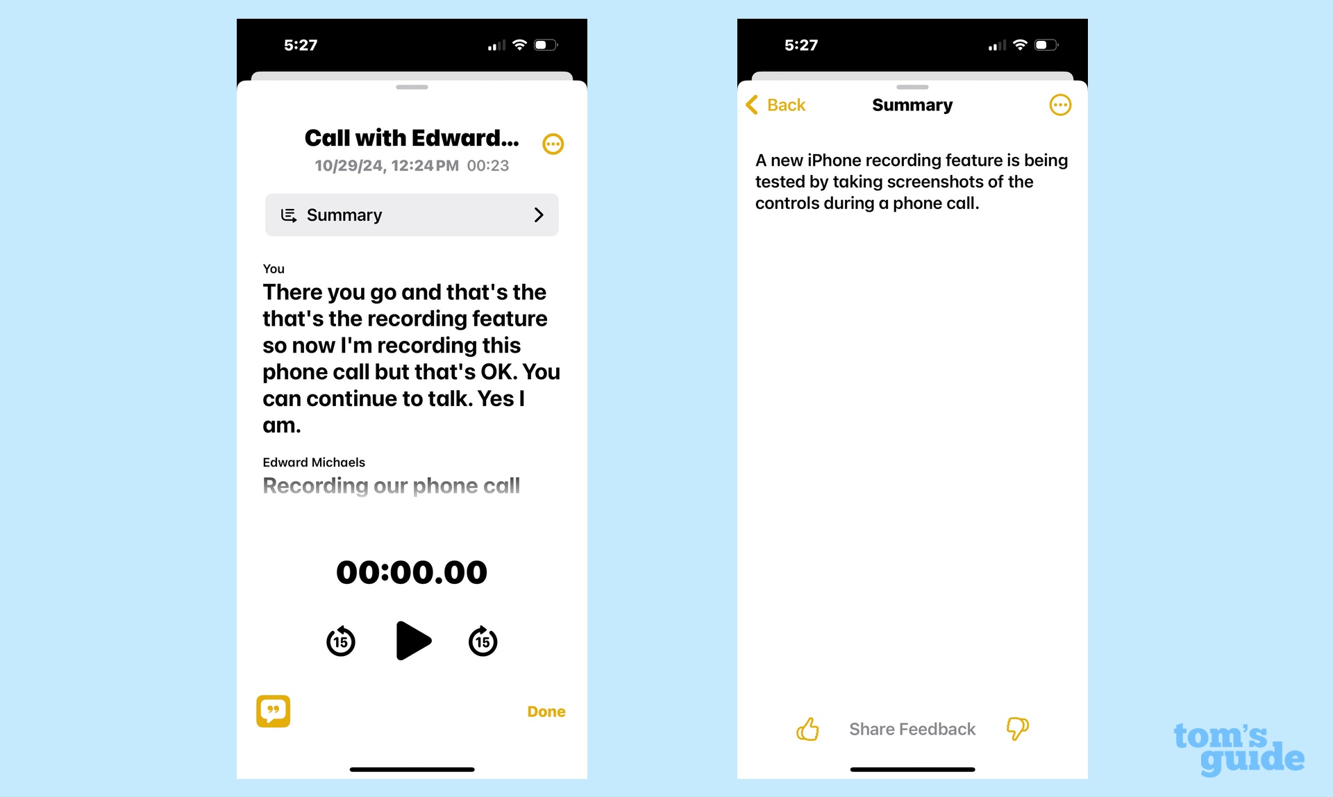 Apple Intelligence tarafından üretilen bu çağrının bir özeti ile birlikte kaydedilmiş bir telefon görüşmesinin transkripti