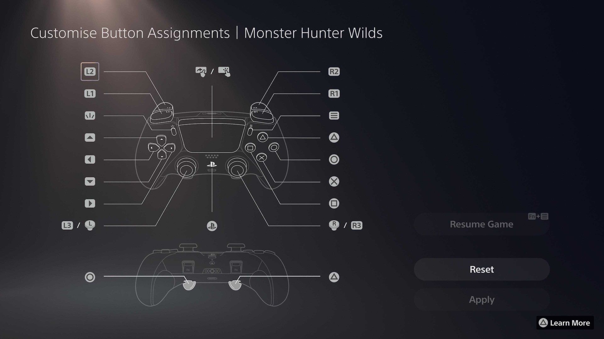 Monster Hunter Wilds için özelleştirilmiş bir profili gösteren DualSense Edge Button eşleme ekranı
