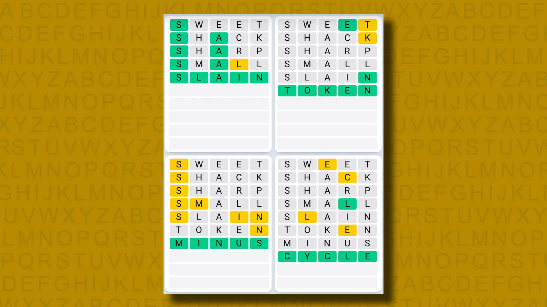 Quordle Daily Sequence, Sarı Arka Planda Oyun 1132 için Cevaplar