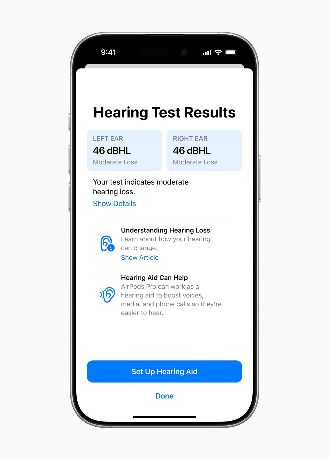 Sağlık uygulaması, işitme testi sonuçlarınızı sadece her kulak için bir sayı, bir derecelendirme ve daha sonra ne yapmanız gerektiğini gösterir. | Apple'a görüntü kredisi. - AirPods Pro 2 İşitme cihazı özelliği nihayet İngiltere'de geliyor
